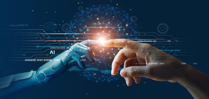 AI, Machine learning, Hands of robot and human touching on big data network connection background, Science and artificial intelligence technology, innovation and futuristic.