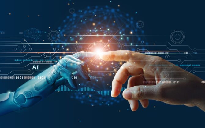 AI, Machine learning, Hands of robot and human touching on big data network connection background, Science and artificial intelligence technology, innovation and futuristic.